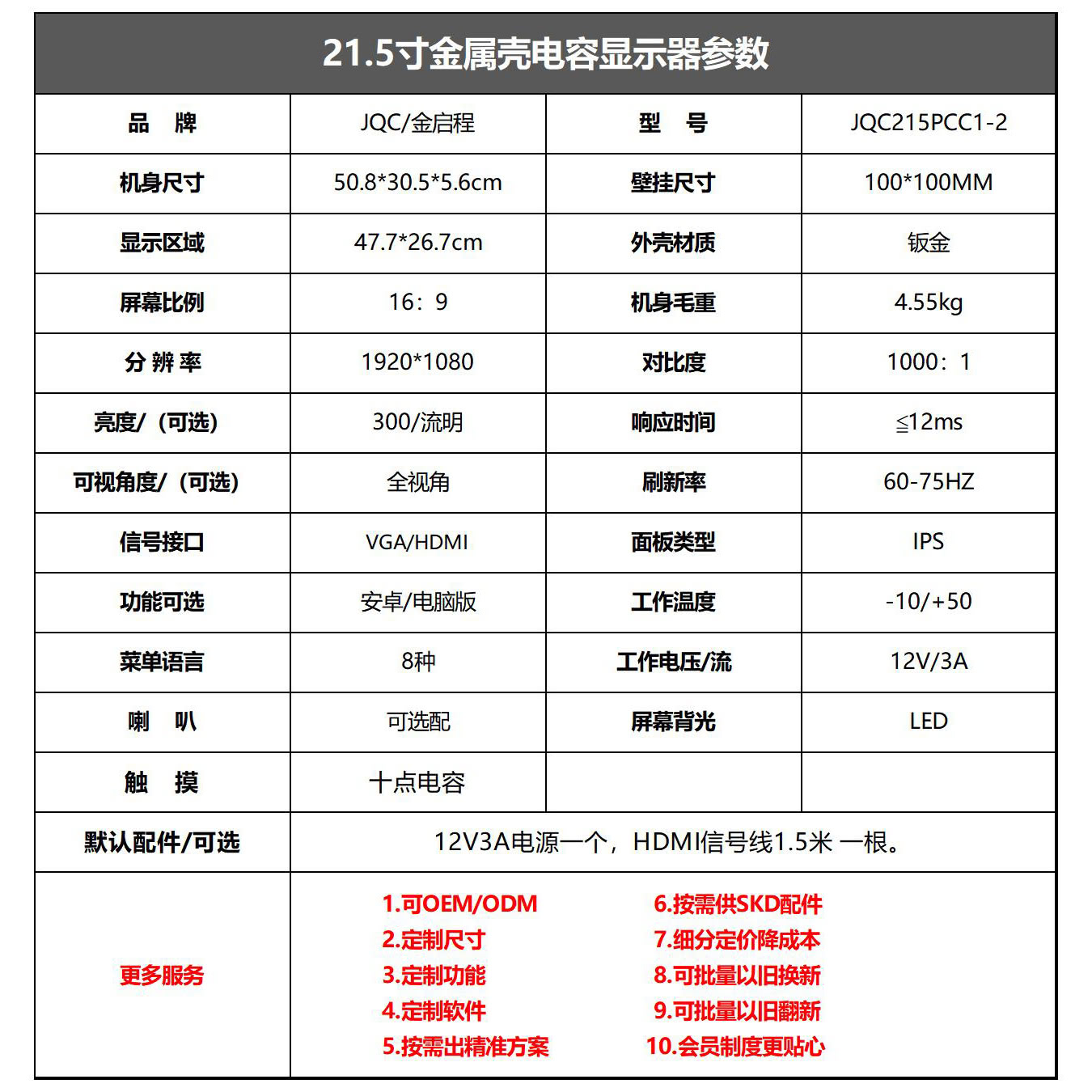 21.5寸金属壳电容触摸显示器 | 内置电源 多尺寸可选