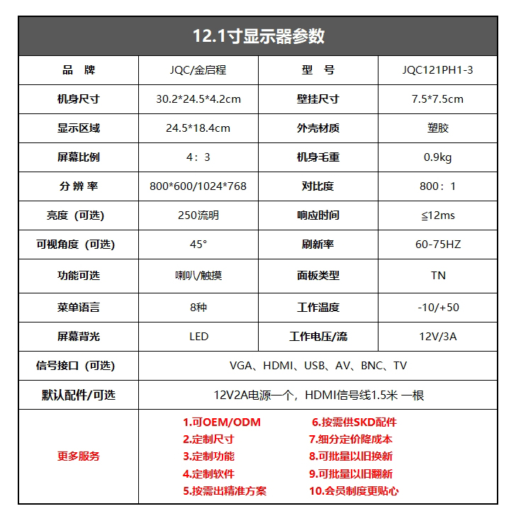 12.1寸方屏显示器BNC款多接口带折叠底座