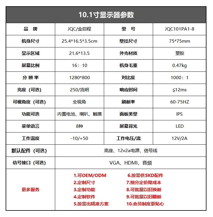 10.1寸16比10高清屏显示器VH款