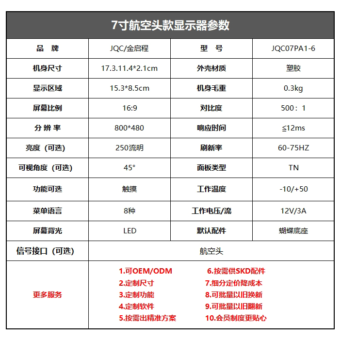 7寸车载显示器航空头款