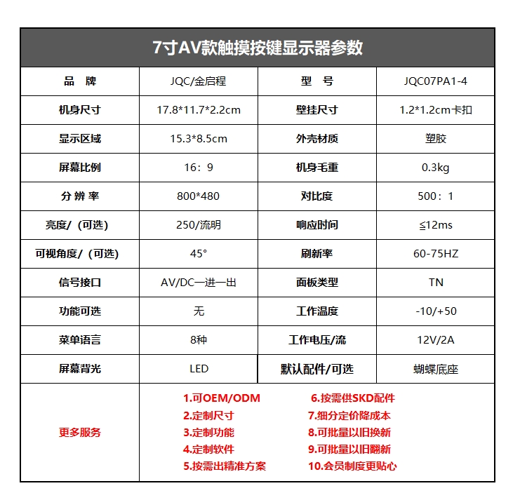 7寸触摸按键显示器 | 双AV款