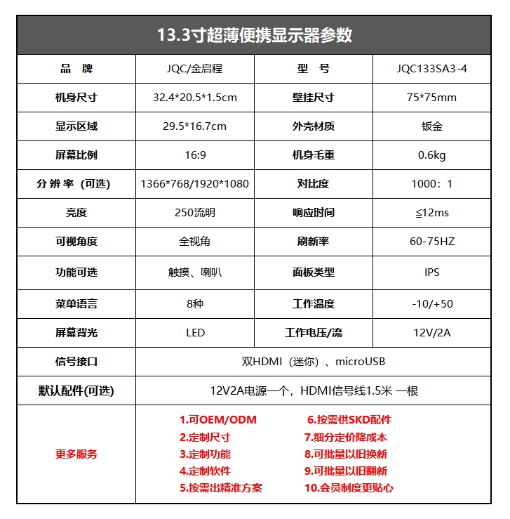 13.3寸钣金全视角超薄便携显示器