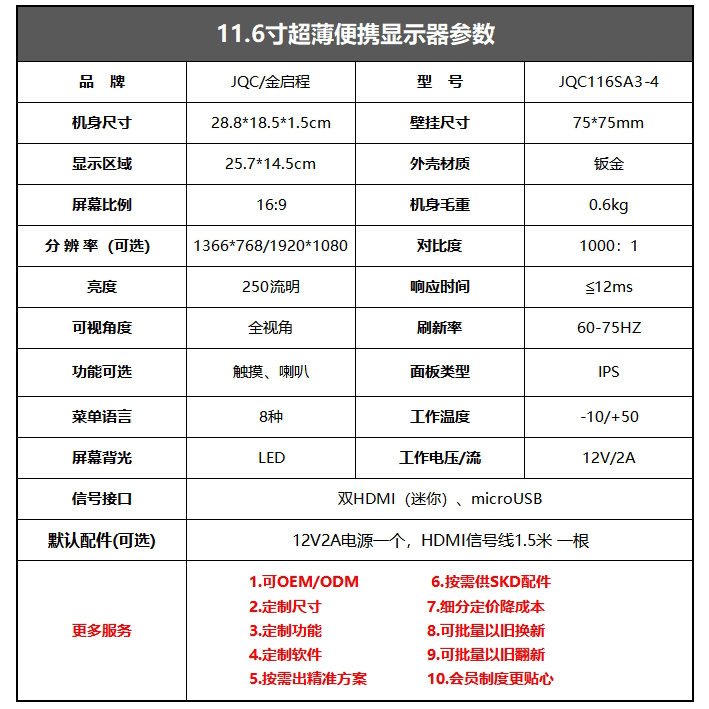 11.6寸钣金全视角超薄便携显示器