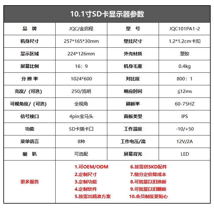10.1寸显示器可插SD卡车载便携显示屏