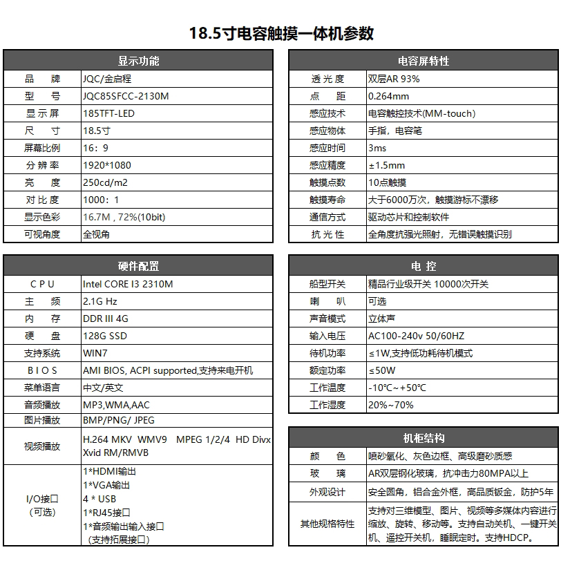 18.5寸电容触摸一体机内嵌式工控机工业电脑显示器