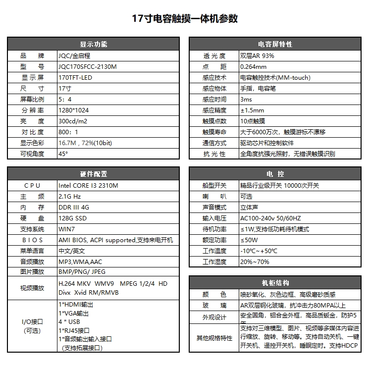 17寸电容触摸嵌入式工控一体机配置可选